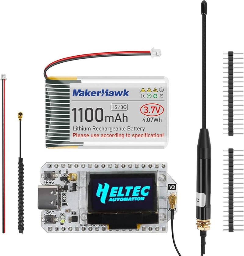 MakerHawk ESP32 LoRa V3 Development Board with 915MHz Antenna and 1100mAh Battery - 10dBi Gain 17cm SMA Male Antenna SX1262 LoRa V3 Device and JST1.25 Battery Set for Meshtastic Ar duino LoRawan IOT - Image 1